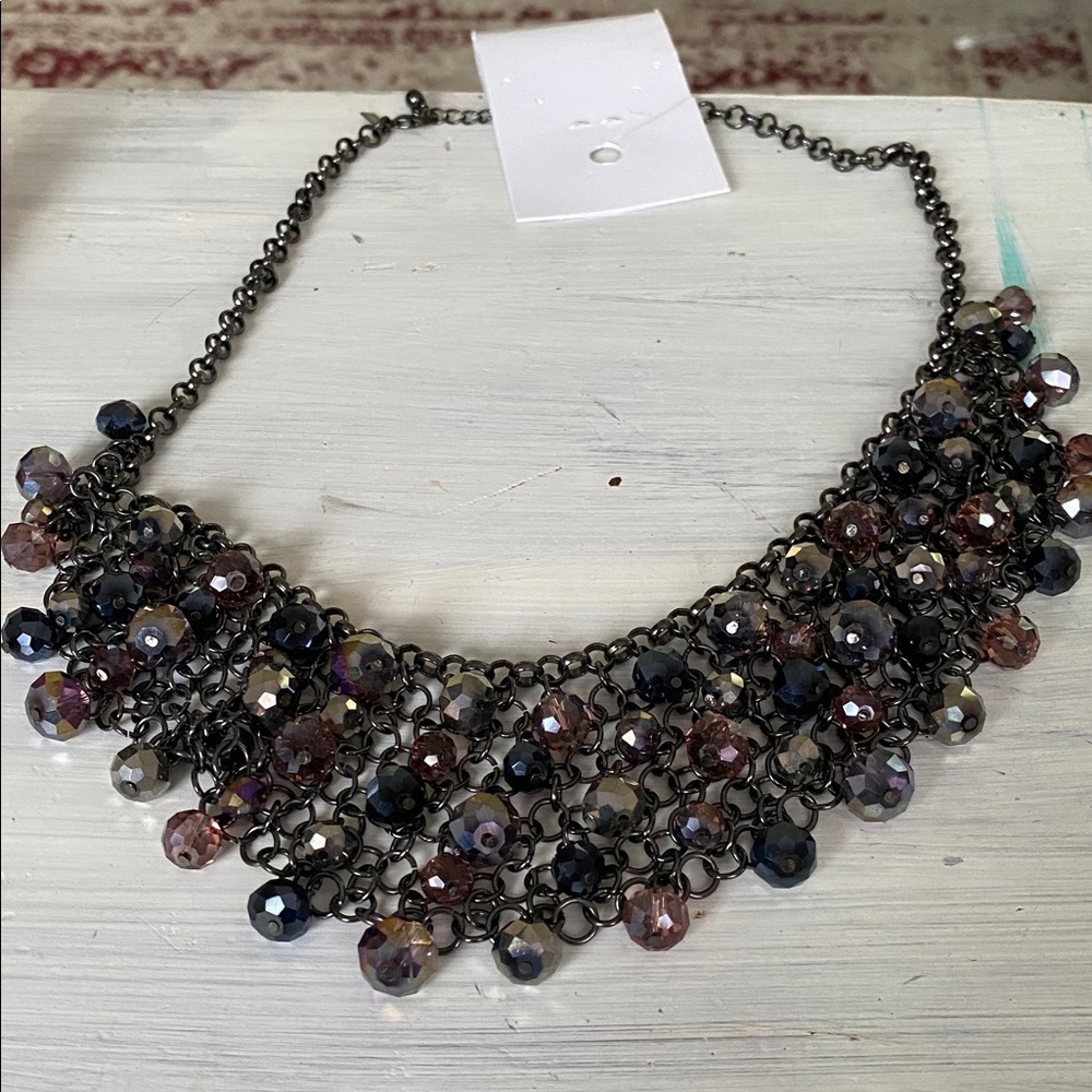 Lane Bryant faceted bead gun metal beaded black bib necklace